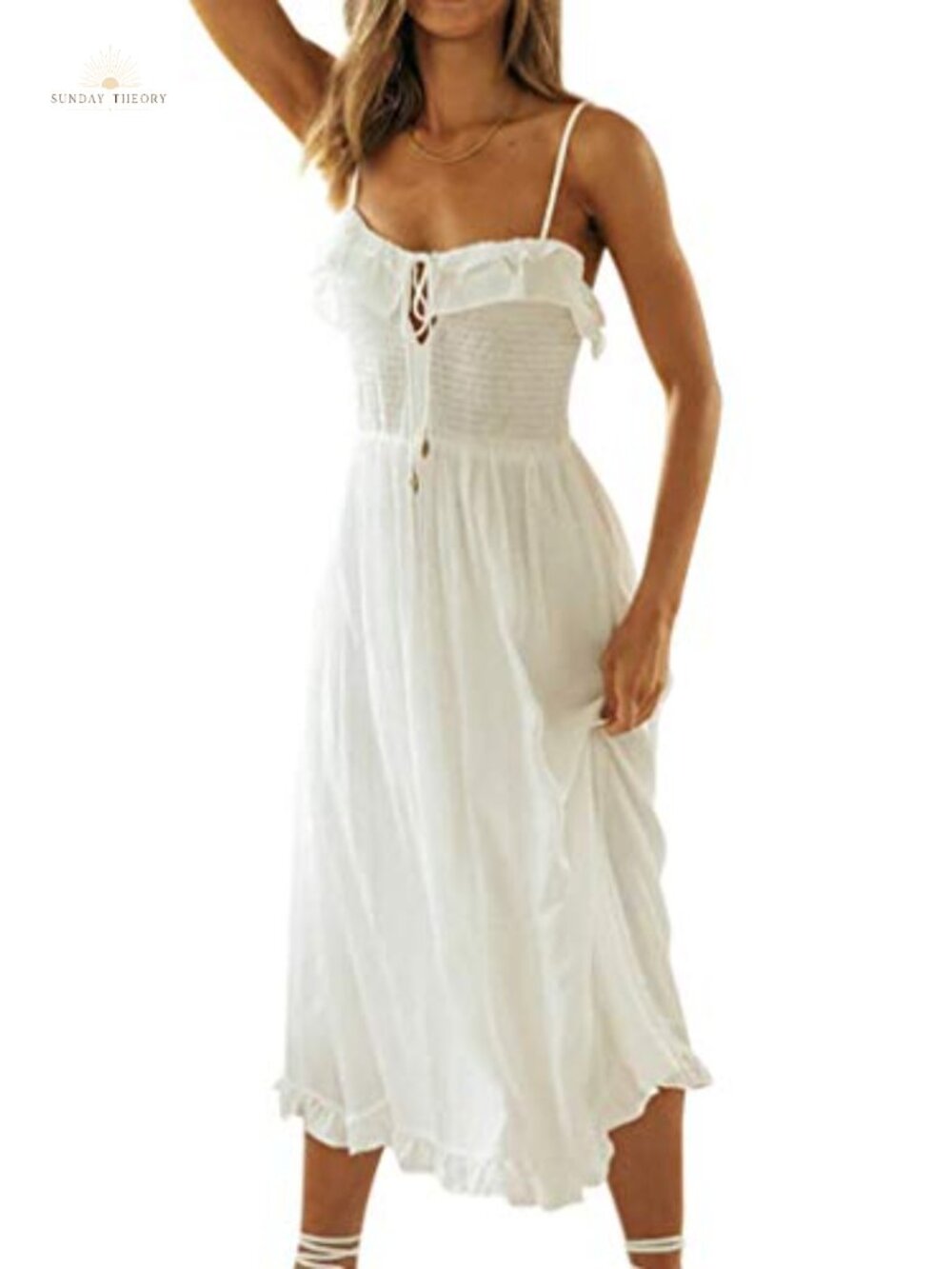 Womens Midi Dress Spaghetti Strap V-Neck Ruffle Boho Summer
